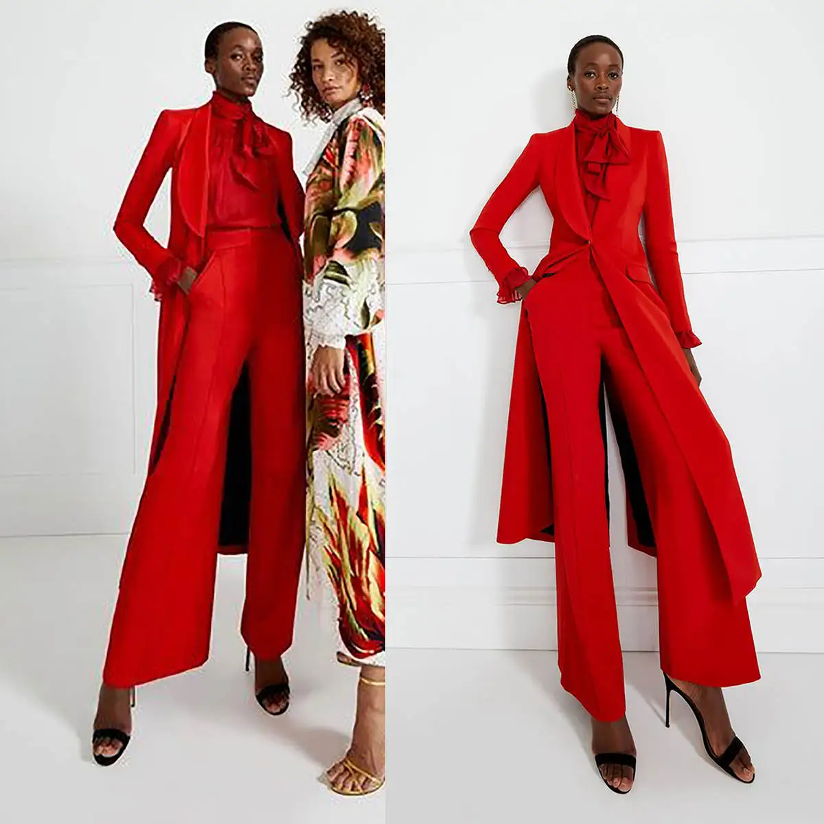 Red Women Long Jacket Pants Suits Set Slim Fit Ladies Prom Evening Birthday Party Guest Formal Wear Custom Made 2 Pieces