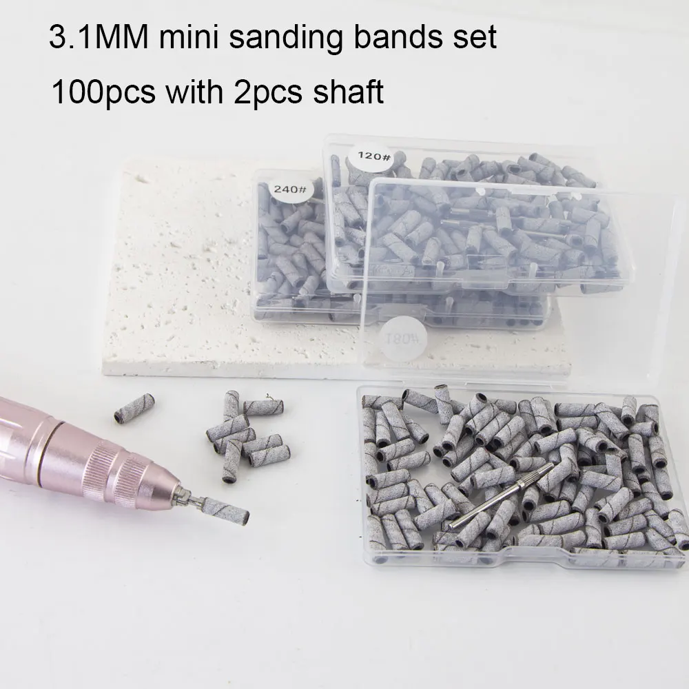100 Uds. Mini bandas de lijado pequeñas de 3,1mm con 2 uds. Juego de brocas de mandril para quitar esmalte de uñas accesorios de herramientas de Gel