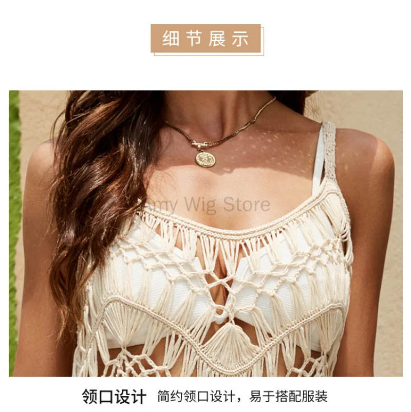 New Crochet Tunic Bikini Cover-ups Sexy Hollow Out Dress Women Summer Clothes Beach Wear Swimsuit See Through Tassel Cover Up