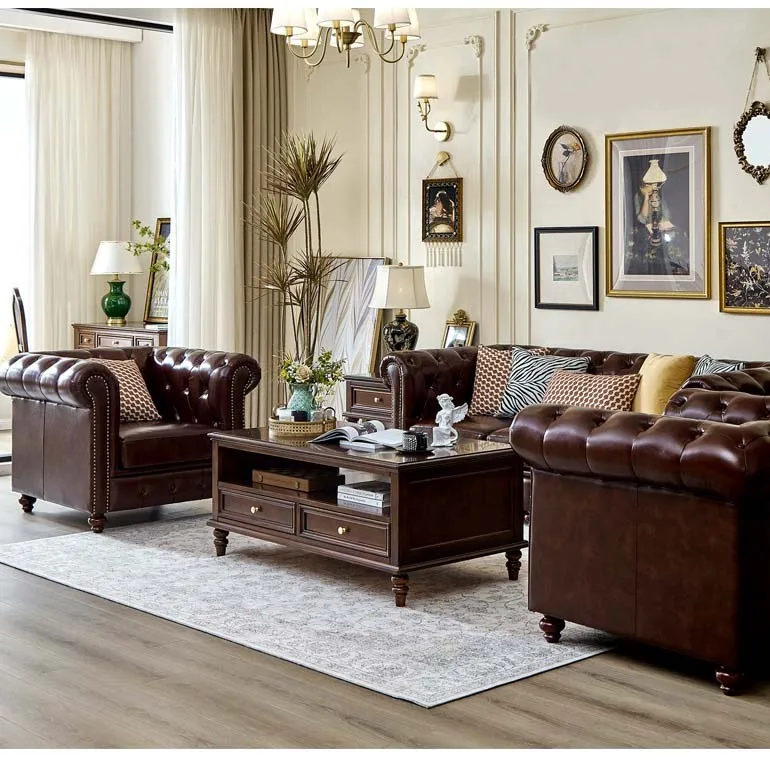 American Classic Antique Accent Design Vintage Leather Chesterfield Sofa Rustic Tan Leather Chesterfield Sofa Set