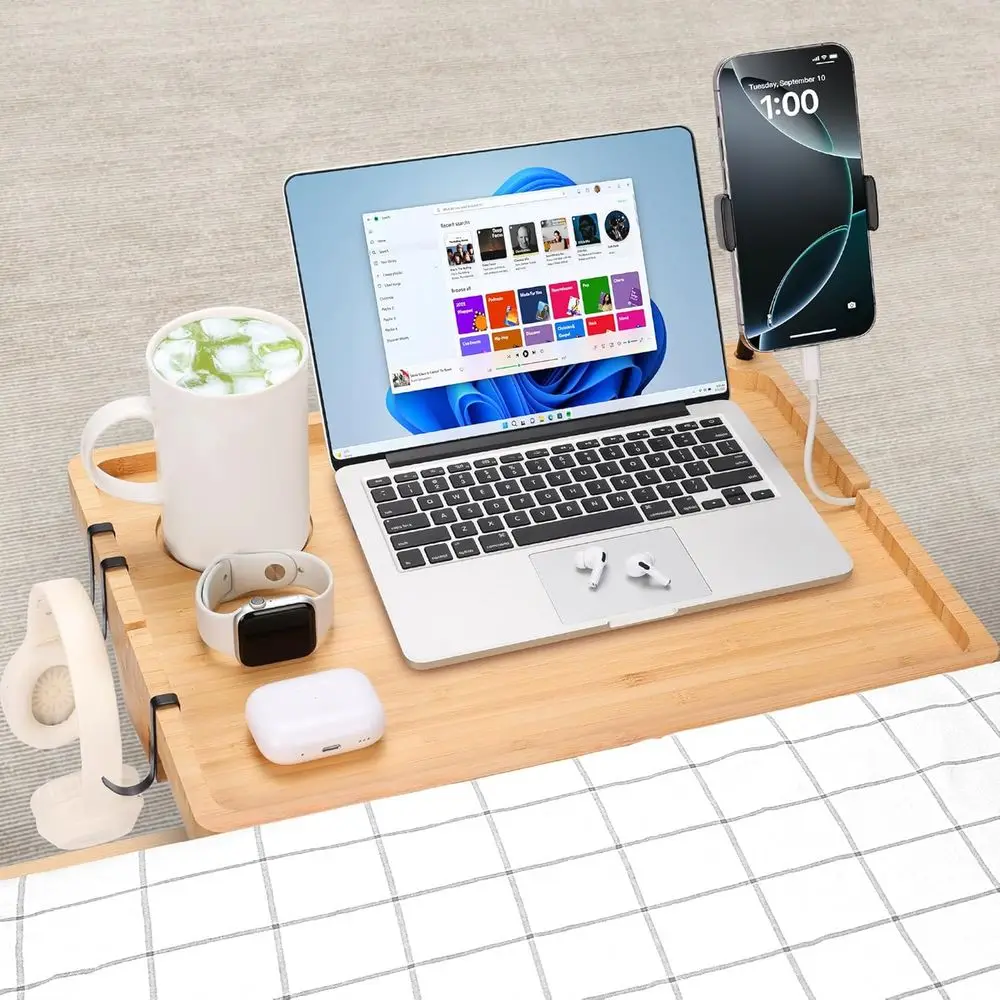 

Bamboo Dorm Bed & Top Bunk Side Table with Cup Holder and Hooks, Storage Caddy for College Dorm Rooms bedside table