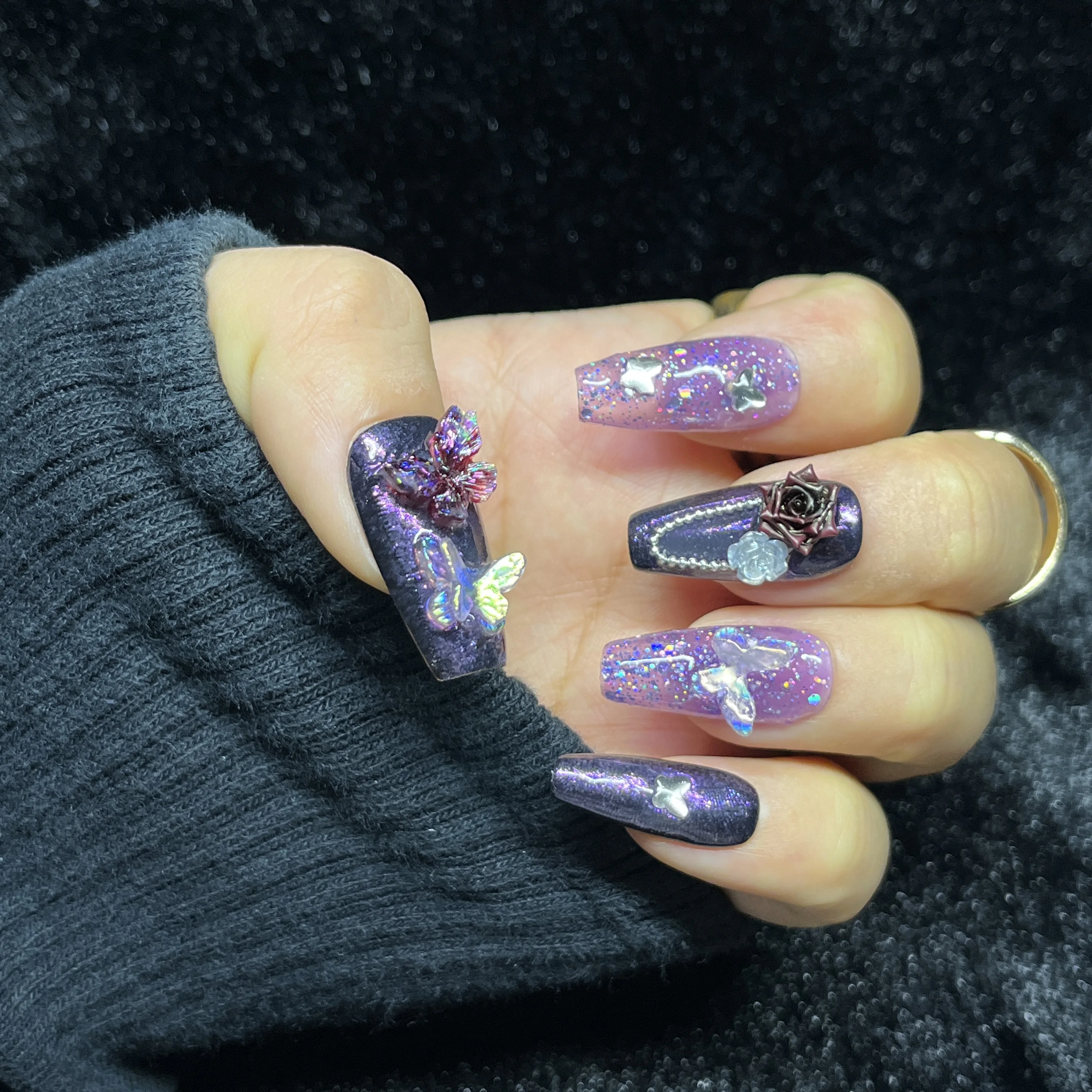 

10PCS Handmade Press on Nails Holographic Star Butterfly Long Coffin Purple Glitter with 3D Rose Charms Romantic False Nails