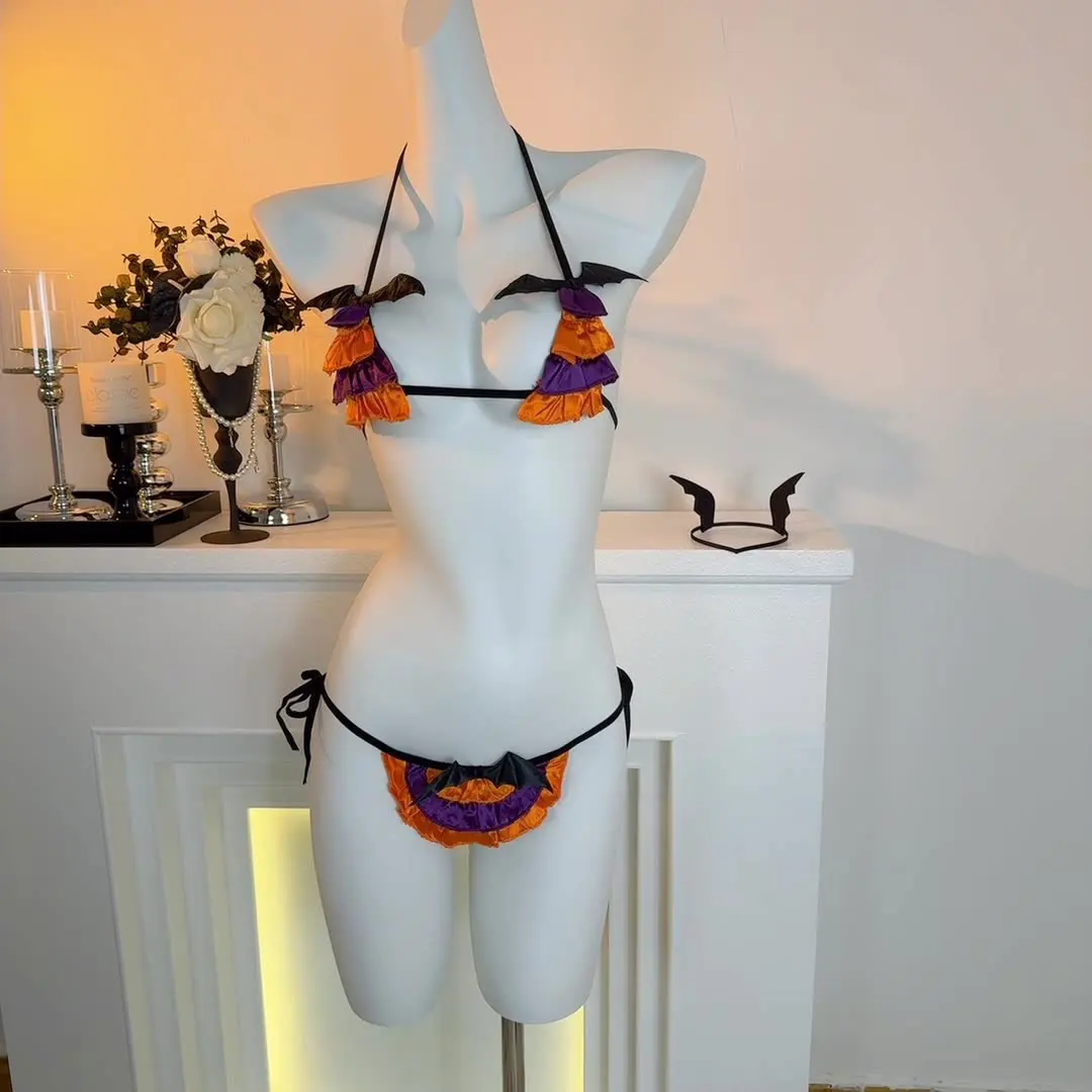 

Милое сексуальное женское белье с тыквой на Хэллоуин, маленький дьявол, ролевые игры, сексуальное кружевное мини-бикини