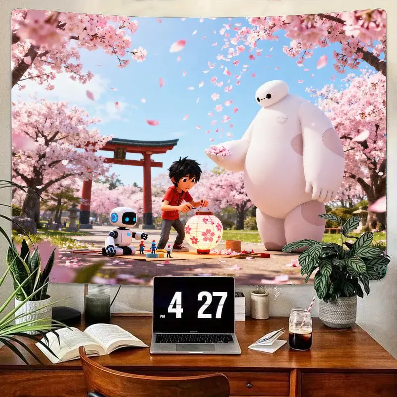 

1PC Big Hero 6 Baymax & Hiro Sakura Tapestry, Japanese Garden Wall Art, Aesthetic Polyester Room Decor Gift for Disney Fans