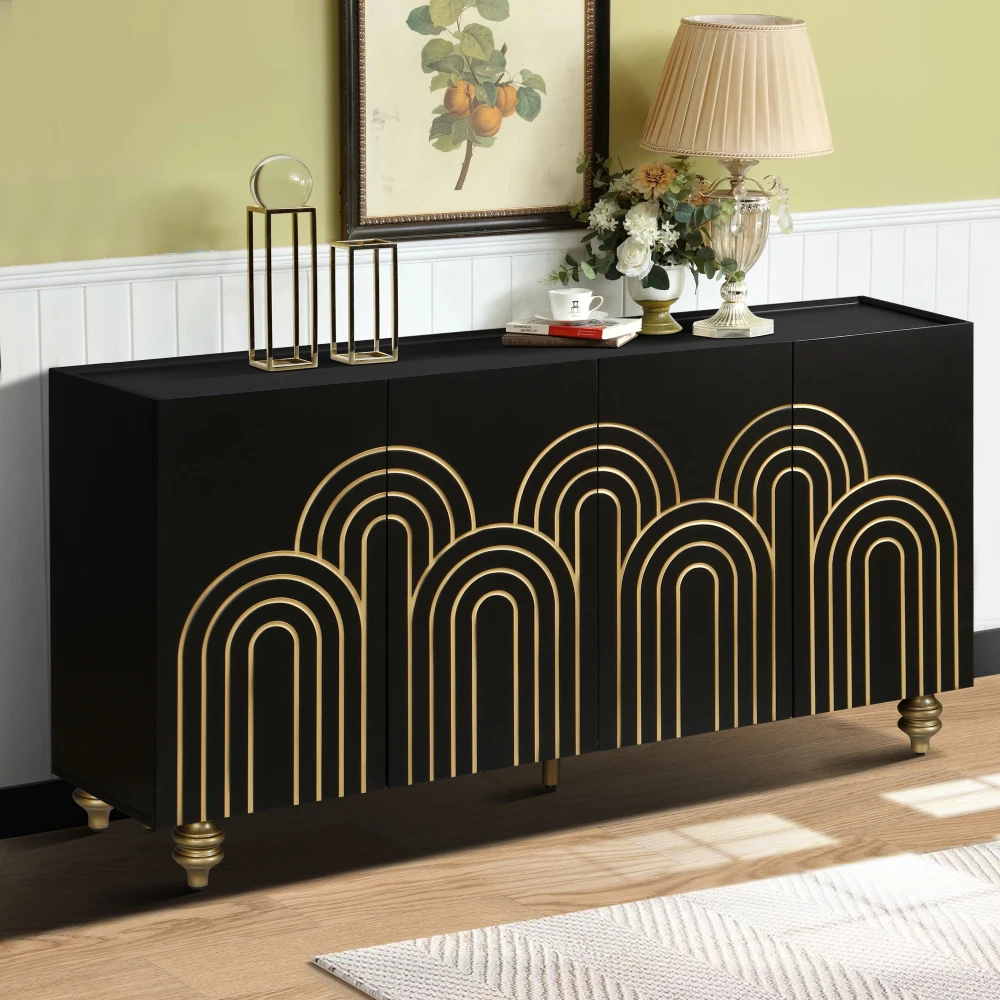 Modern style grooved sideboard, 4-door storage cabinet, adjustable shelves, curved design
