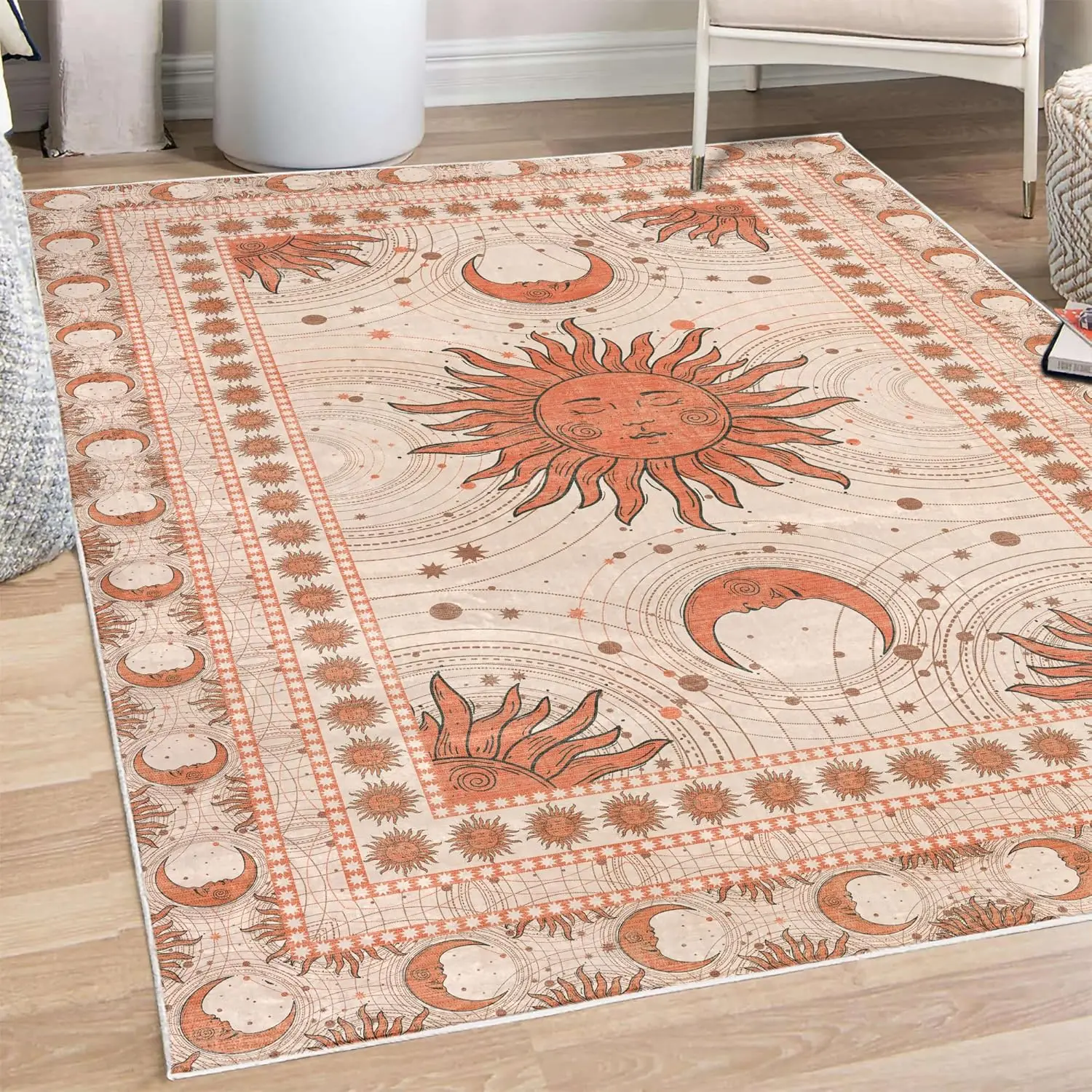Sun and Moon Decorative Rug, Bohemian Artwork Design of Crescent Solar Ornament Esoteric Stars Ornaments,Quality Carpet for Dorm
