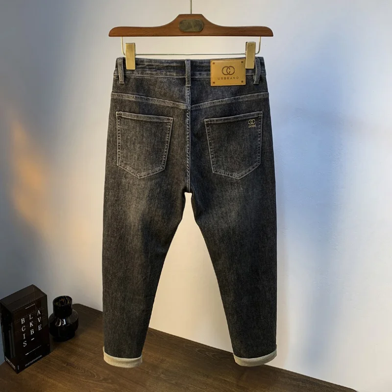 Jeans skinny bordado de alta qualidade masculino, calça elástica grossa, preta e cinza, moda luxo acessível, na moda, outono, 2022