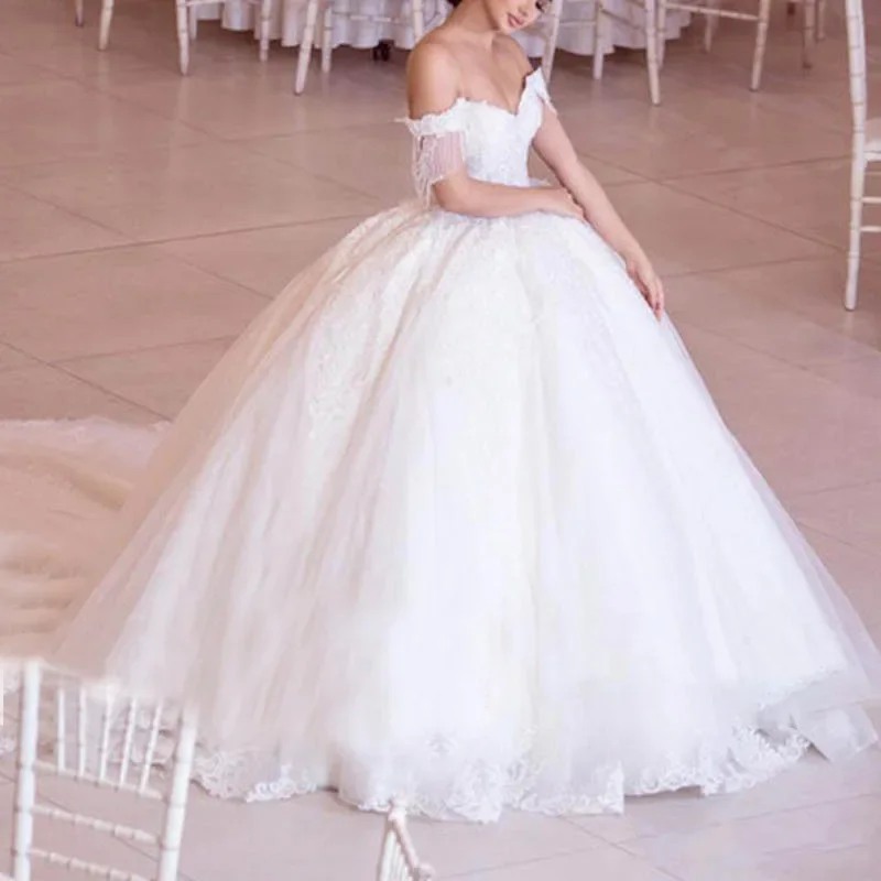 Customized Tassels Off The Shoulder Wedding Dresses Lace Plus Size Puffy Ballgown Robe De Mariée Sweetheart Bridal Gowns