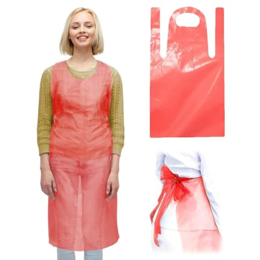 

Red Plastic Disposable Aprons Adults for Painting 28 x 46 Inches. Pack of 100 Disposable Plastic Aprons 1.5 Mil. Unisex Waterpr