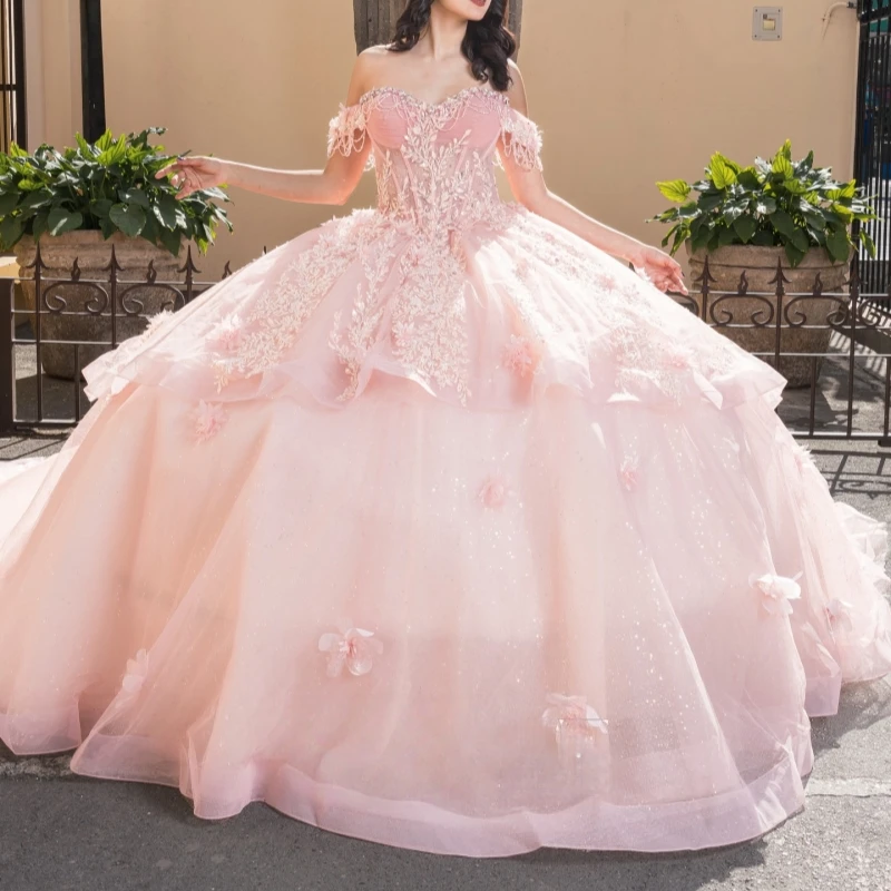 

Розовое блестящее бальное платье для Quinceanera с аппликациями, кружевом, бисером, кристаллами, тюлем, корсетом, открытыми плечами, для Sweet 16, Vestidos 15 De