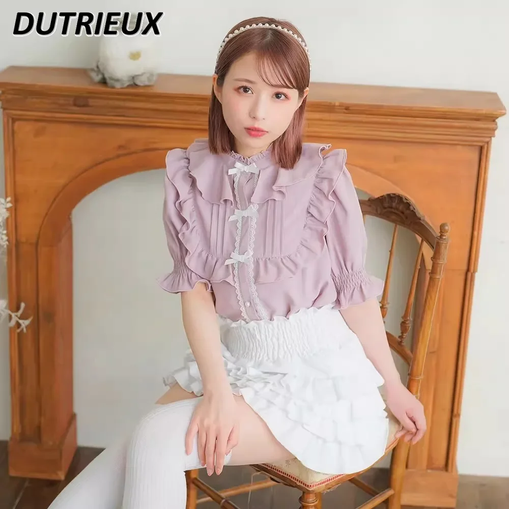 

Sweet Puff Short Sleeve Shirt Ruffled Collar Bow Japanese Style Cute Solid Color Chiffon Blouse for Women Summer Ladies Tops