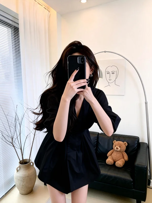 

Elegant plus Size Women's Shirt V-Neck Puffy Sleeve Waist-Cinched Top French Style Bubble Sleeve Bubble Girl Spring Fashion