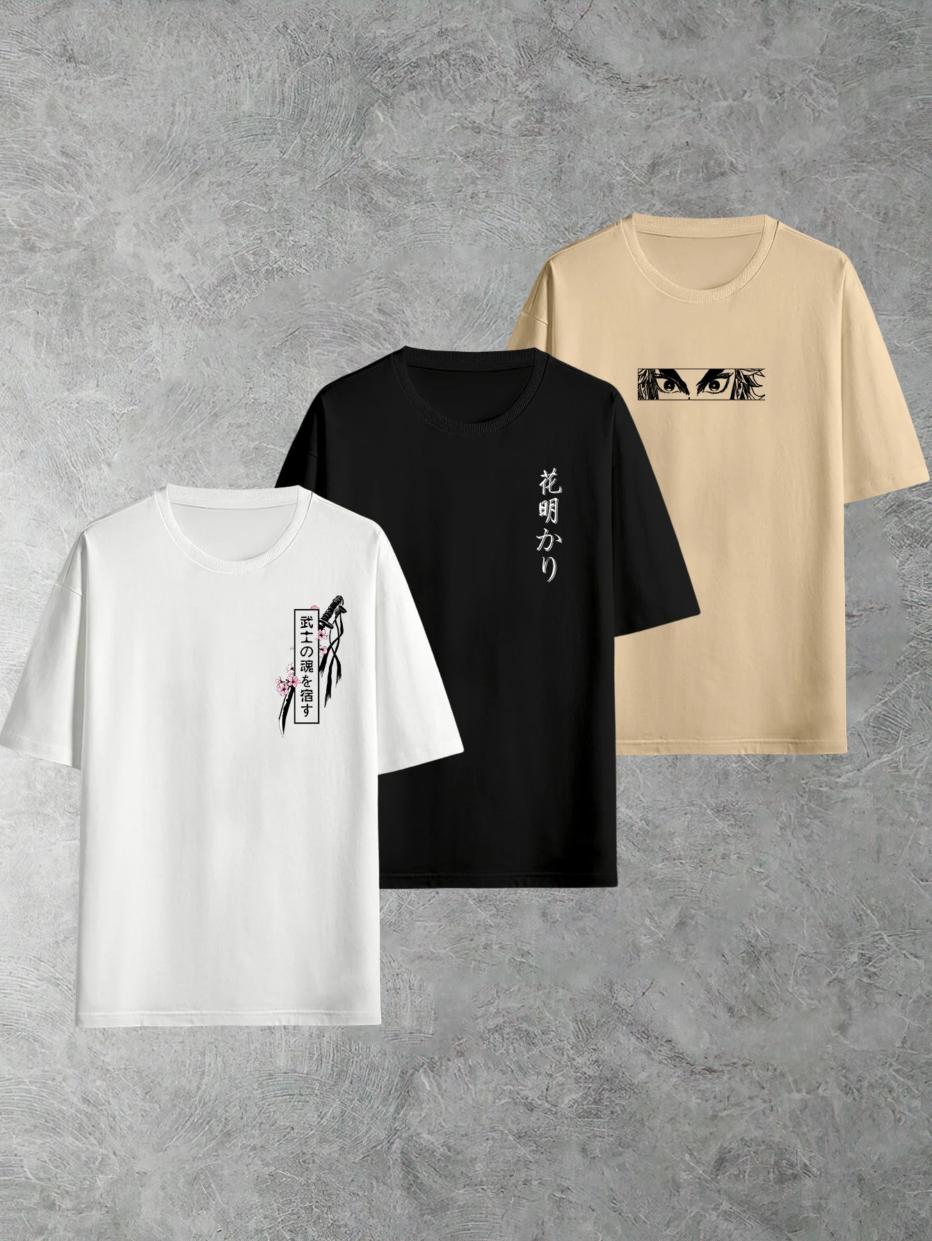 Men's 3 Pack Graphic T-Shirts Japanese Sakura Samurai Print Oversized Streetwear Casual Short Sleeve Crew Neck Tees