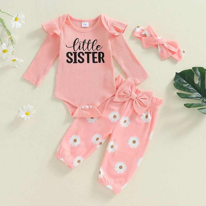 Lovely Autumn Newborn Baby Girls Clothes Sets Ribbed Solid Long Sleeve Letter Print Bodysuits+Bowknot Floral Long Pants+Headband