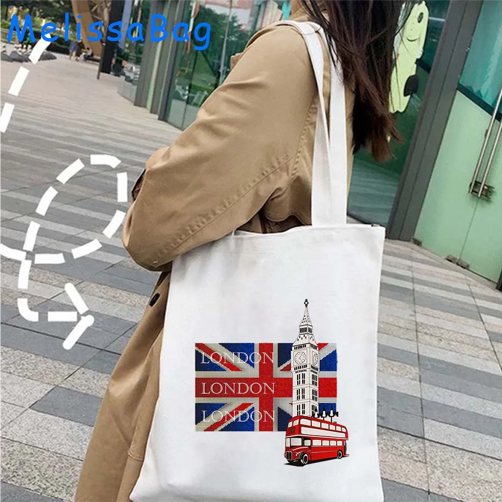 Vintage Big Ben Clock London Bus United Kingdom UK Flag Skyline Landmarks England Lover Gifts Canvas Shoulder Totes Bag Handbag