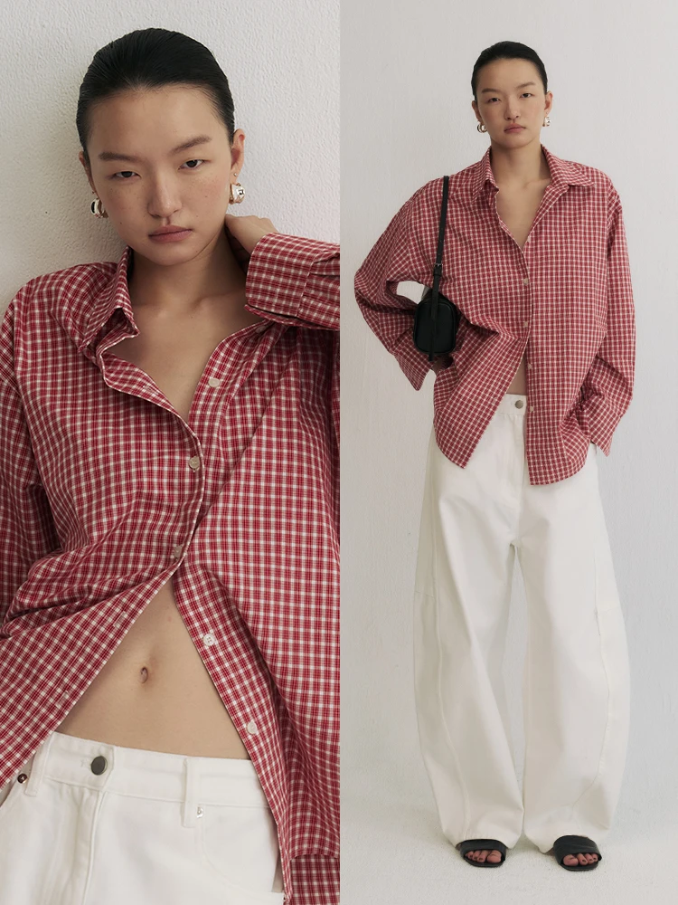 

Classic Plaid Loose Fit Long Sve Women's irt SLO“Old Friend Bookstore”Milled Flannel H-ape Early Autumn Top