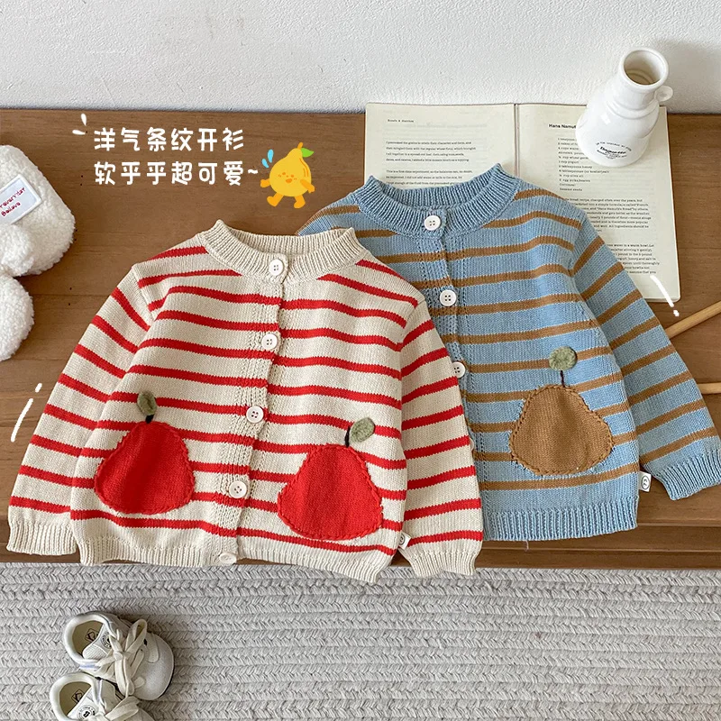 

Children's Super Cute Knitted Sweater 2025 New Autumn and Winter Girl Cute Korean Version Striped Sweater Boys' Stylish Cardigan