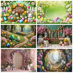 MOON.QG Garden Easter Background Photography Rabbit Bunny Doll House Flower Garland Wreath Backdrop Wooden Wall Studio Photozone