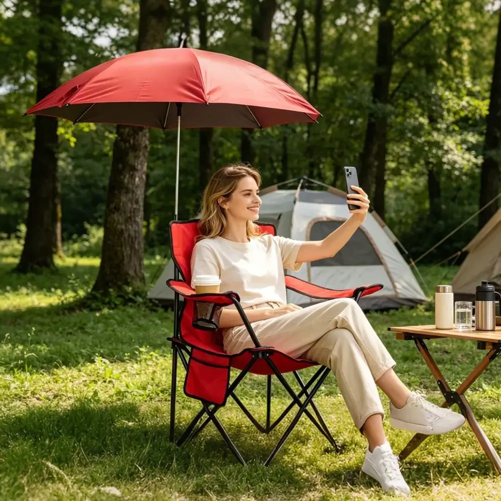 Camping Chair With Detachable 8Rib Sun Umbrella, 42.13 Inch Canopy Aluminum Alloy Portable Lawn Chair Supports 330LBS With Cup