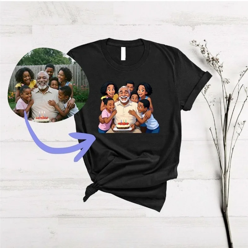 Custom Photo To Cartoon Family Portrait T-shirt Personalized Tee Custom Family Matching Outfit Unique Gift For Big Family Birthd