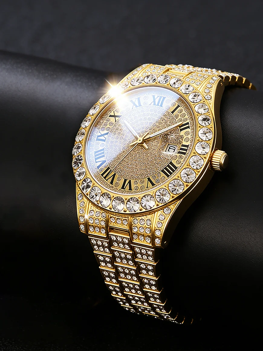 Luxury Business Men's Quartz Watch And Hip Hop Bracelet Set with Calendar Function Embedded Craft Birthday Gift