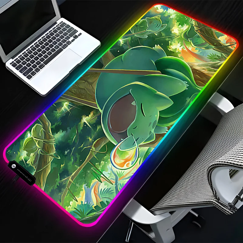 RGB LED Mouse Pad Rubber Mousepad Computer Gaming Accessories Keyboard Pad Office Decoracion Desk P-pokemon Bulbasaur Mouse Mat