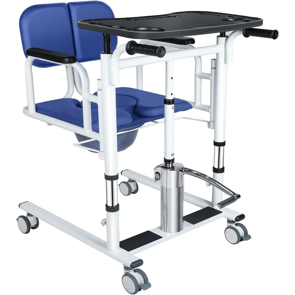 

4-in-1 Hydraulic Transfer Chair for Patients and Elderly, Height Adjustable, Split Seat, Supports Up to 440 lbs (Blue, Dual Beam