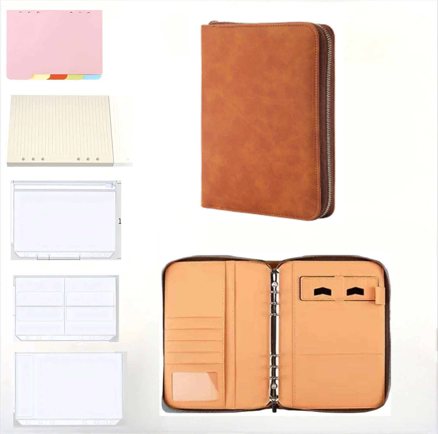 

New With phone holder Zipper Leather A5 6 Ring Binder Notebook-Zipper PU Leather,Binder Pockets, Dividers,Refill Line Pages