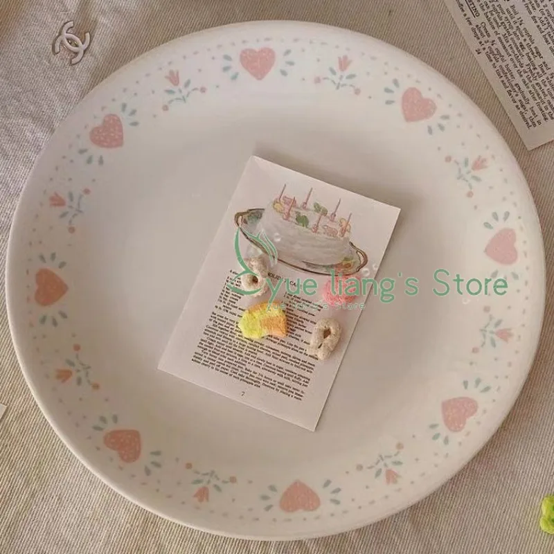 Pink Love Ceramic Flat Plate, Cute Cartoon Girl Heart Tulip Dessert Plate, Breakfast Pink Dishes , Kitchen Cooking Tools