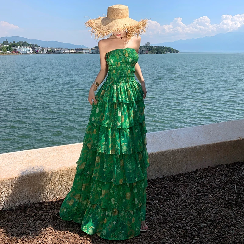 Nueva moda de las mujeres de un solo hombro vestido de gasa estampado verde elegancia con volantes falda de pastel escalonado evento fiesta Vestidos de graduación vestido