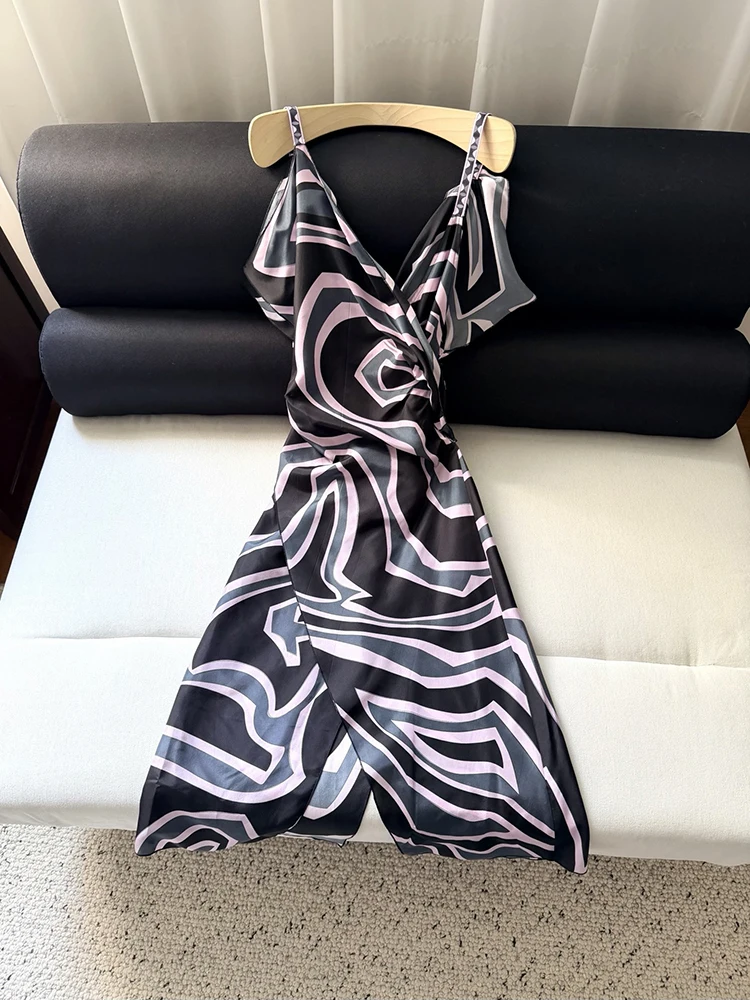 Summer Fashion Party Elegant Geometric Pattern Printing Silk Long Dress Women's Spaghetti Strap Ruched Slim A-Line Dresses