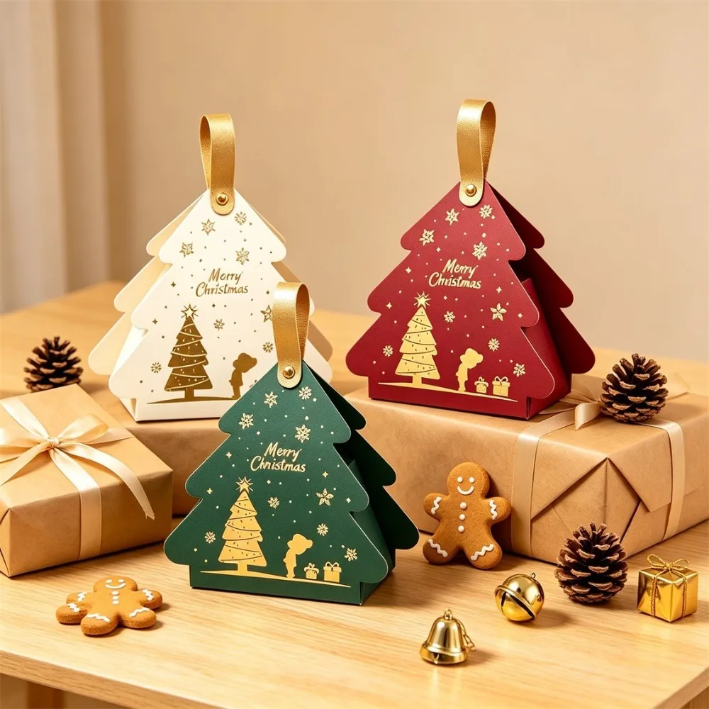 24Pcs Christmas Tree‑Shaped Paper Gift Boxes with Handles, Portable Small Boxes, Xmas Party Favors & Tree Decorations - view 2