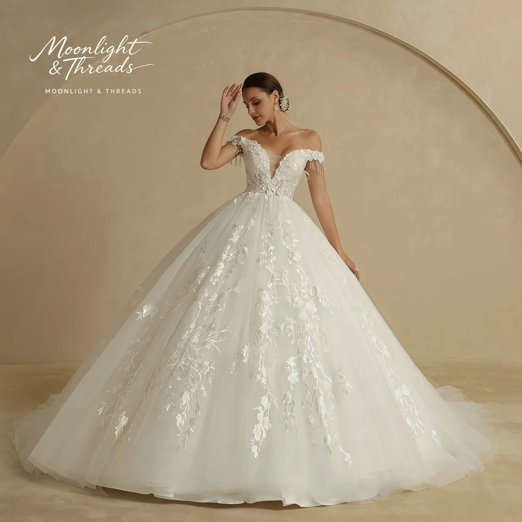 

White off-the-shoulder strapless sleeveless A-line formal wedding dress with lace and embroidered appliqués