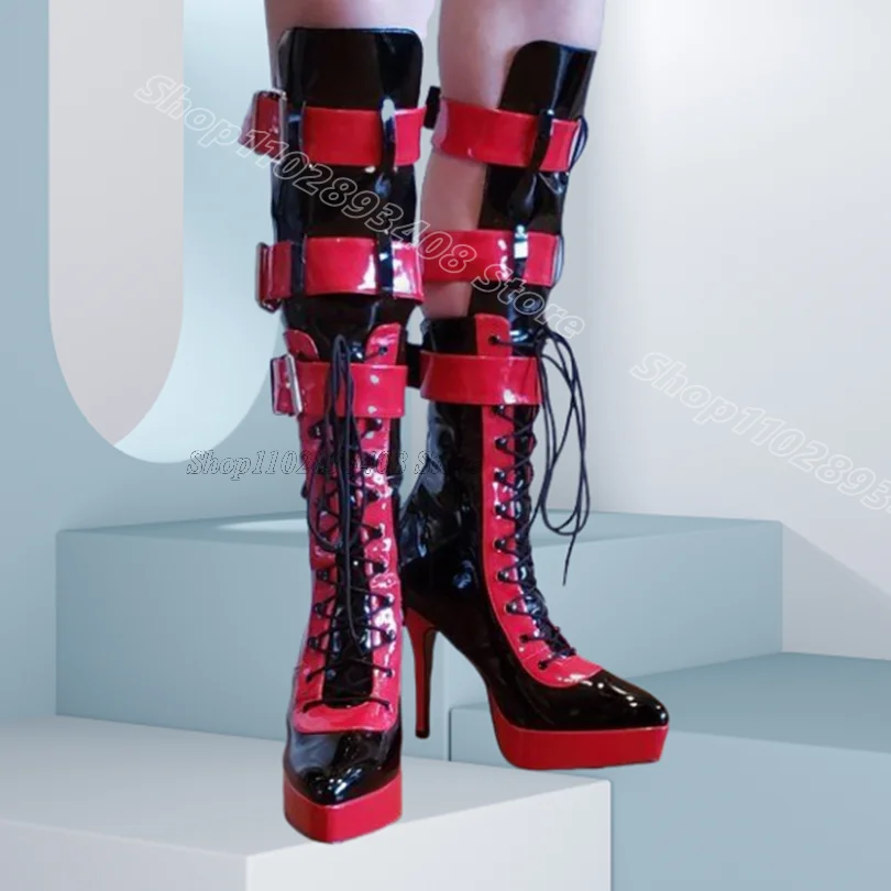 

Bicolor Lace up Platform Boots Stiletto Belt Buckle British Style Fashion for Women Party Casual Boots 2025 Zapatos Para Mujere