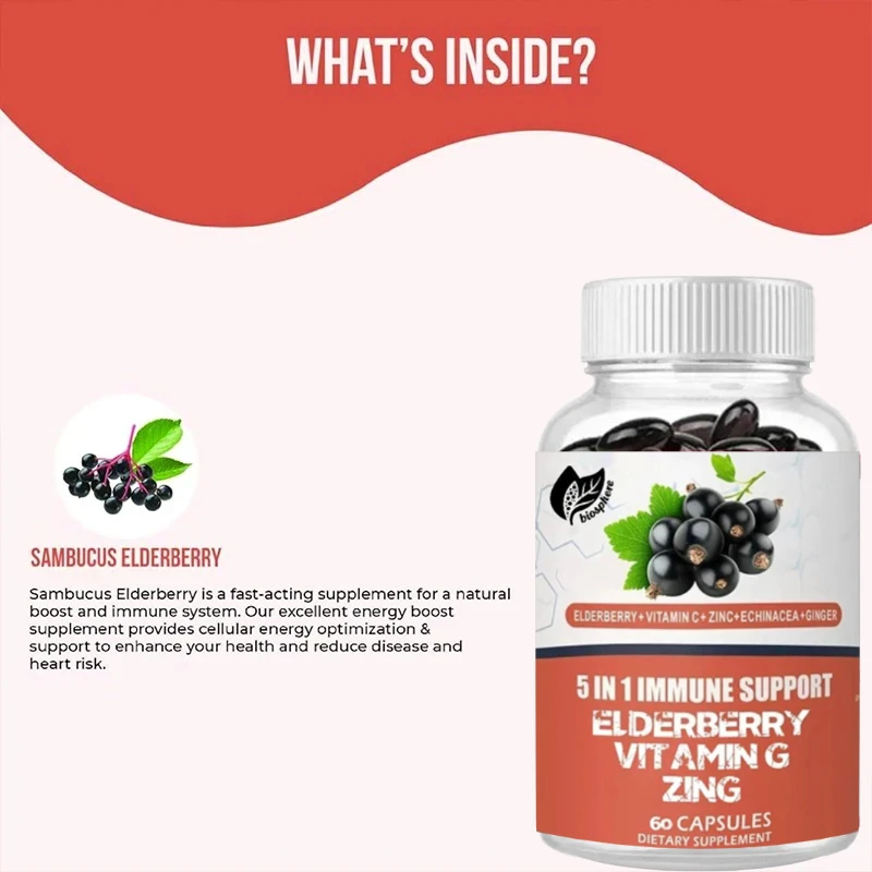 مكمل دعم المناعة 5 في 1 من Elderberry 1000 ملغ من فيتامين C من الزنك Echinacea والزنجبيل النباتي كبسولات 60 قطعة #5