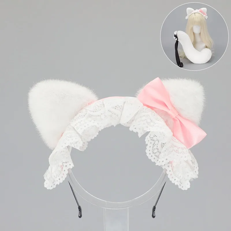 Bonito lolita conjunto meninas cocar arco orelhas de gato grampos de cabelo/bandana/cauda jk anime festa cosplay acessórios de pelúcia orelha de gato headwear