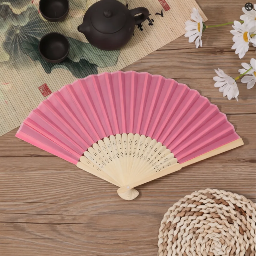 Multi Color Bamboo Hand Fan Folding Polyester Fabric Plain Design Custom Printing Branding Promotion DIY Craft Supplies