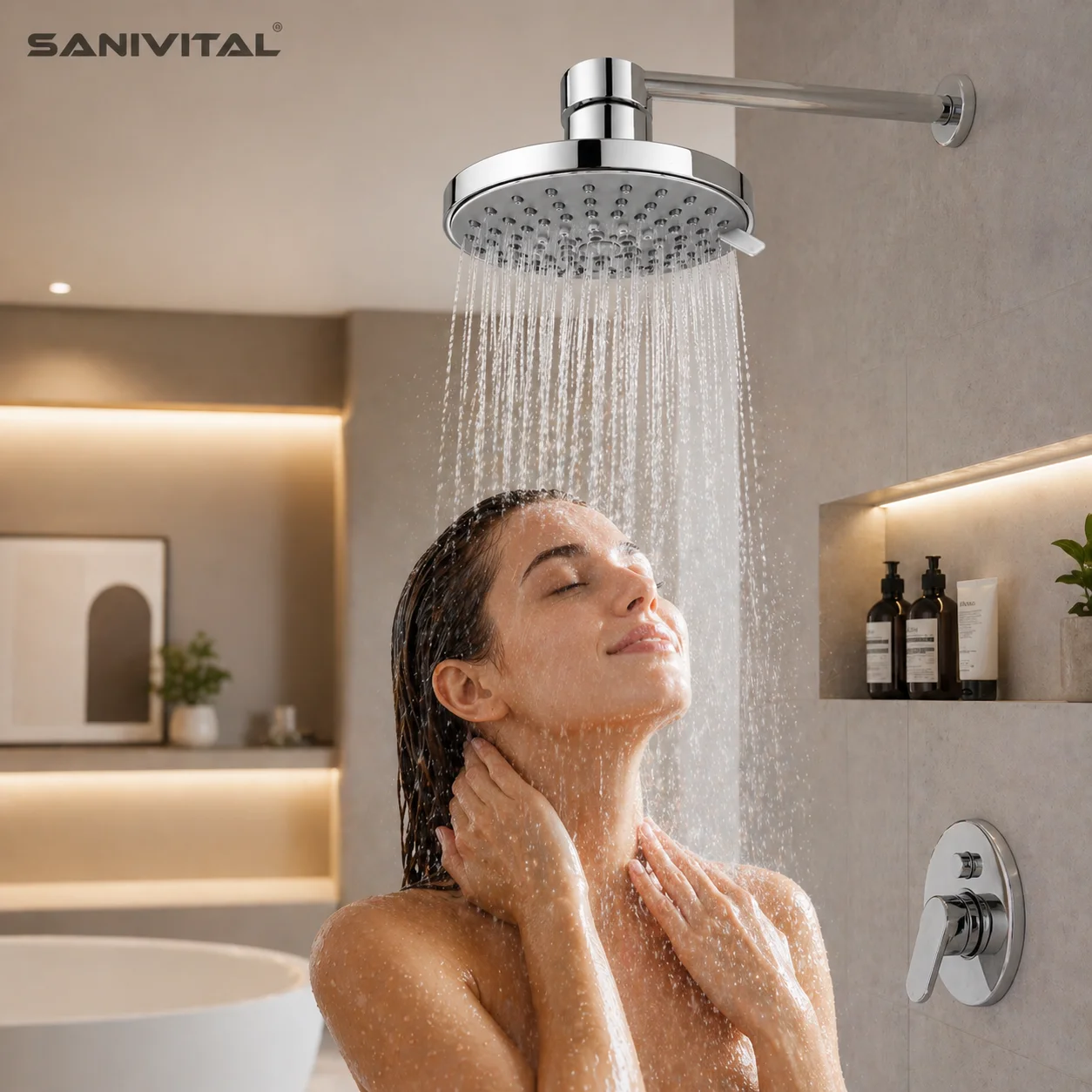 SANIVITAL 360° Swivel 4-Setting Rain Shower Head High Pressure Anti-Clog Nozzles for Bathroom Replacement