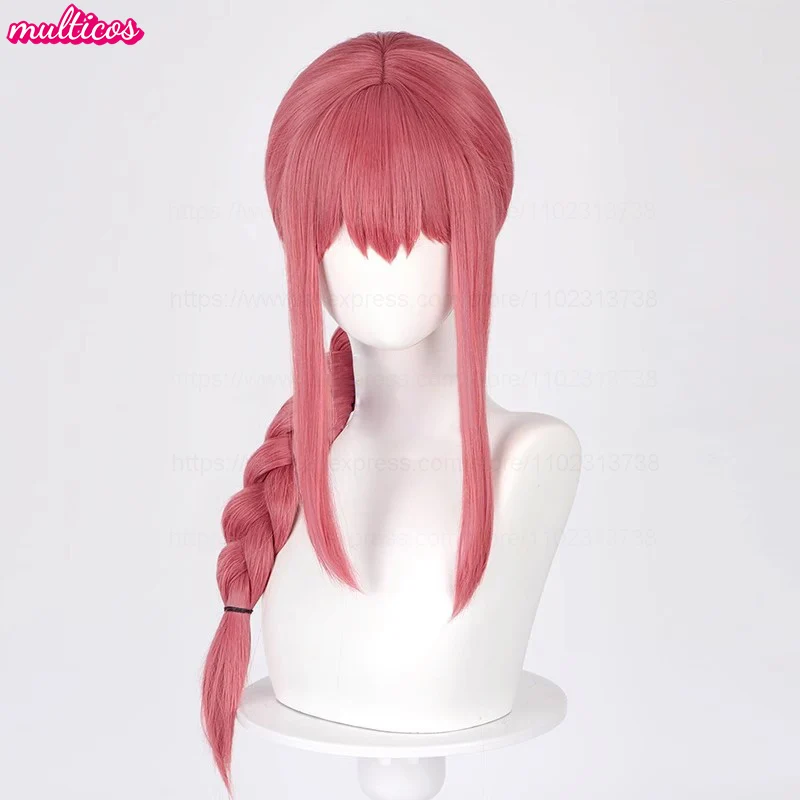Alta qualidade makima cosplay peruca longa rosa vermelha trançada resistente ao calor cabelo sintético festa de halloween couro cabeludo anime perucas + peruca boné