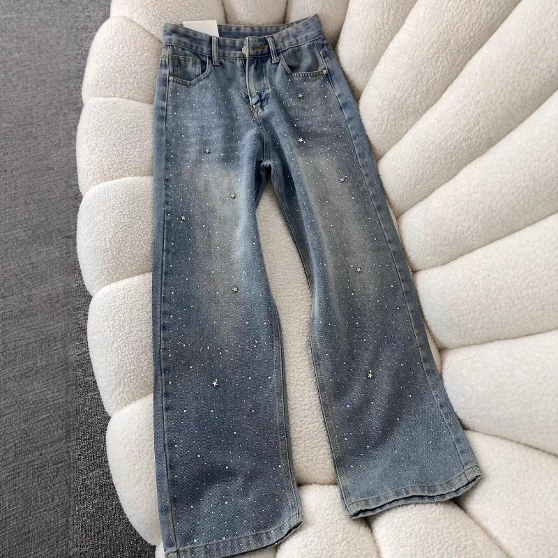 

Pant Women Jeans Vintage Wide Leg Long Pants Hot Drilling Stars Loose High Waist Straight Trousers Y2k Streetwear Elegant 2026