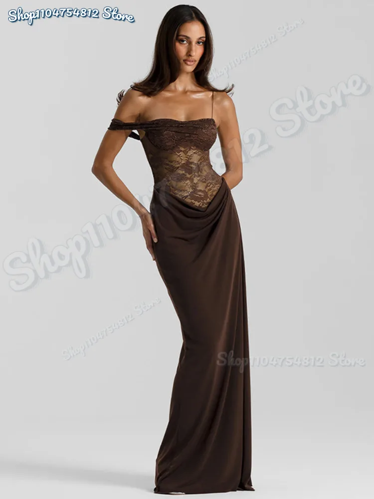 

2025 New One Shoulder Lace See Through Sexy Maxi Dress Women Gown Fashion Off-shoulder Sleeveless Backless Club Long Dresses