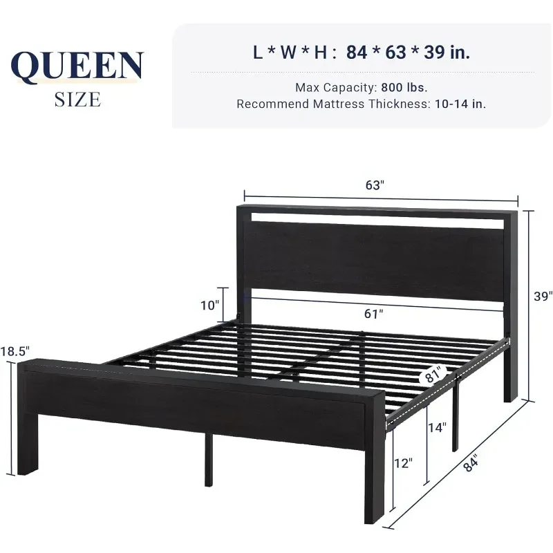 Queen Size Platform Bed Frame with Wooden Headboard and Footboard, Heavy Duty 12 Metal Slats Support, No Box Spring Needed