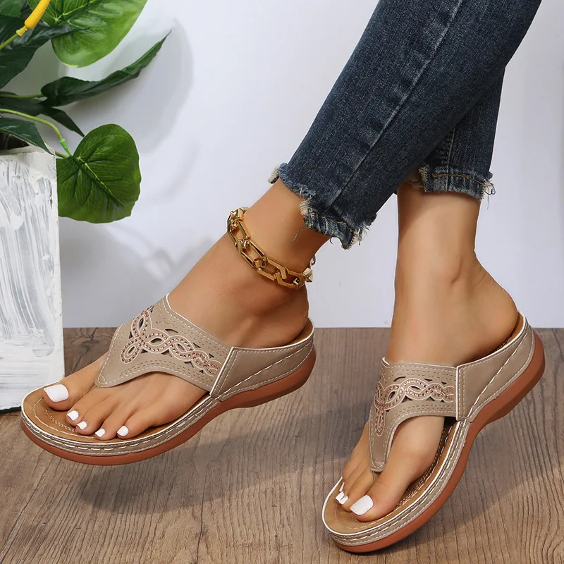 

Women Platform Sandals Beach Casual Wedges Flip Flops Premium Orthopedic Open Toe Big Toe Anti-slip Outdoor PU Leather Shoes