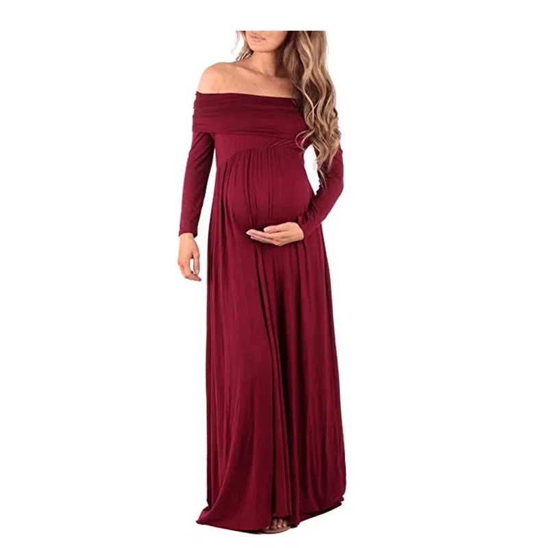 2023 New Pregnant Women's Dress One Line Neck Long Sleeve Floor Sweeping Longuette Bohemian Solid Pregnant Photography Dress