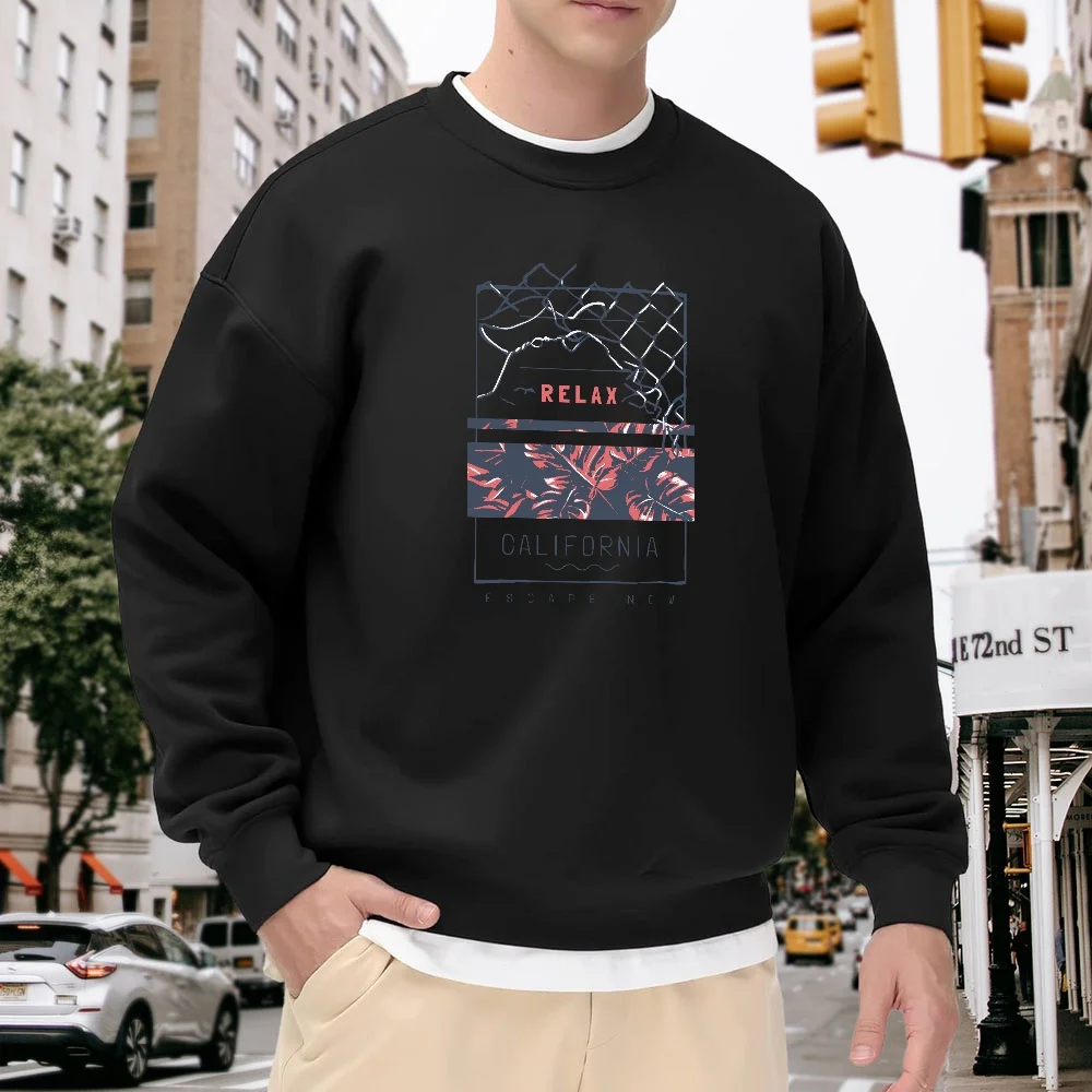 

Men's Black Crew Neck Pullover Sweatshirt, Loose Casual California Print Top, Trendy Street Style for Everyday Wear, Versatile, Comfortable and Breathable Polyester Fabric