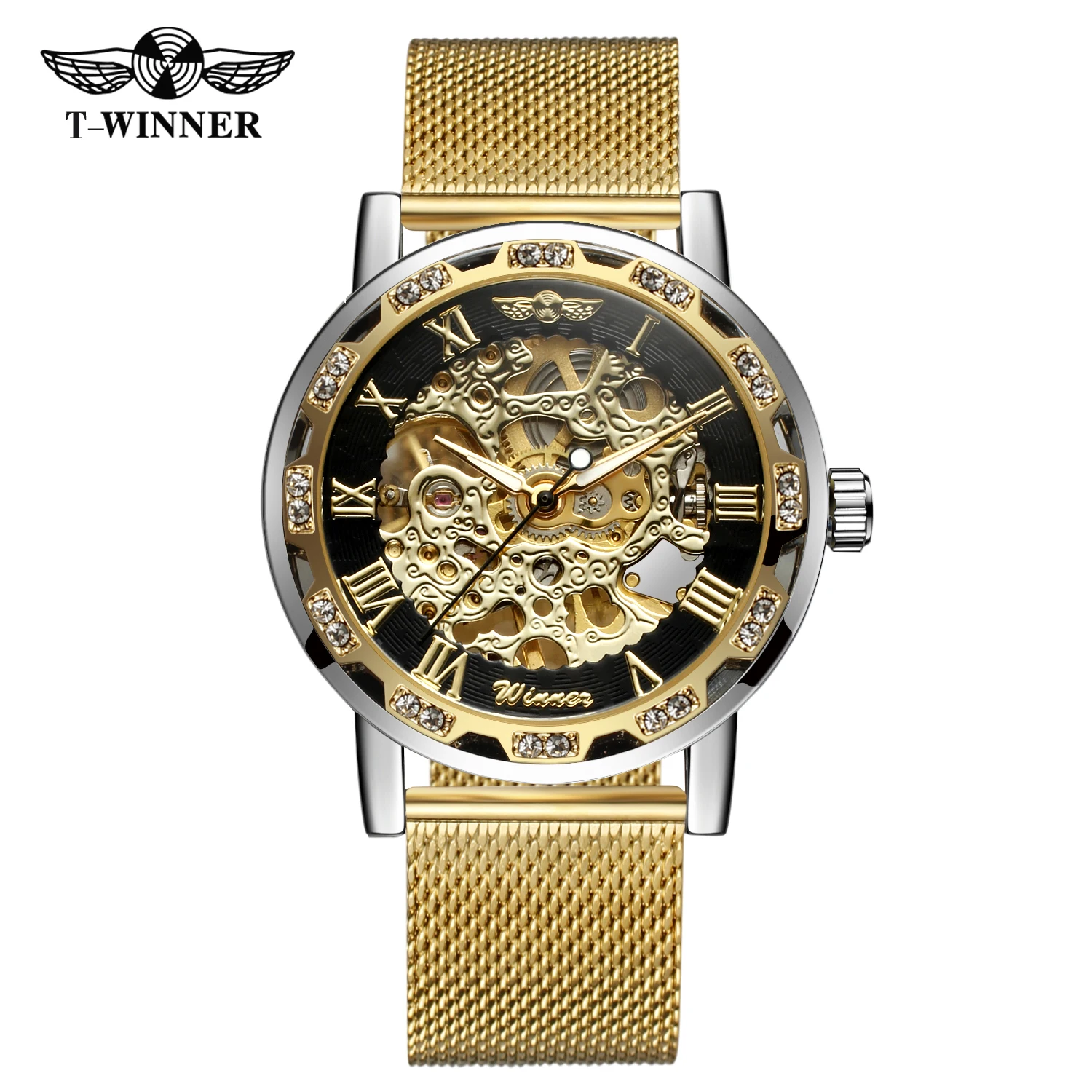 

T-WINNER Классические мужские часы с гравировкой скелета Механические светящиеся указатели со стразами Сетчатый ремешок с римскими цифрами Мужские наручные часы