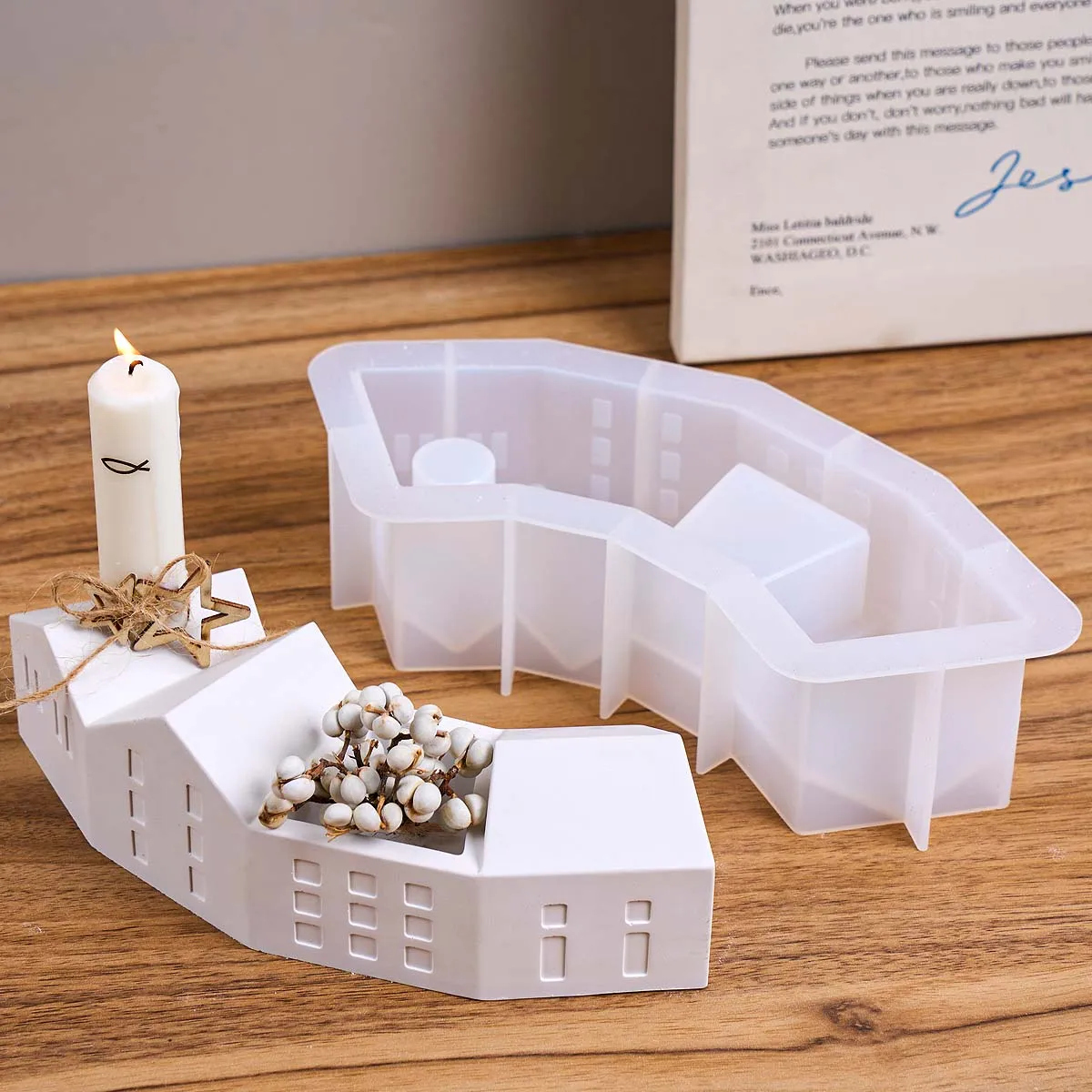 DIY Nordic Haus Kerzenhalter Silikon Form Handgemachte Gips Harz Halbmond Häuser Leuchter Handwerk Ton Formen Hause Vase Deco
