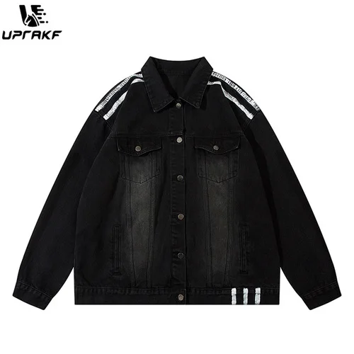 

UPRAKF Washed Striped Denim Jacket Retro Chaquetas Hombre Baggy Jeans Coat Casual Outwear Tops High Street