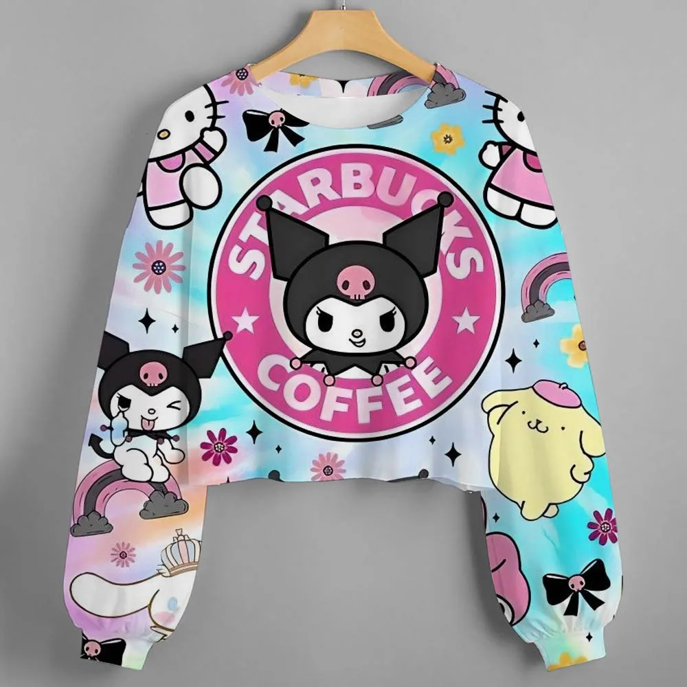 هوديي نسائي عصري مع قطع طباعة Hello Kitty/Kurumi مخصصة، بلوزة قصيرة جدًا بأكمام طويلة، ص جديد للأطفال في الخريف