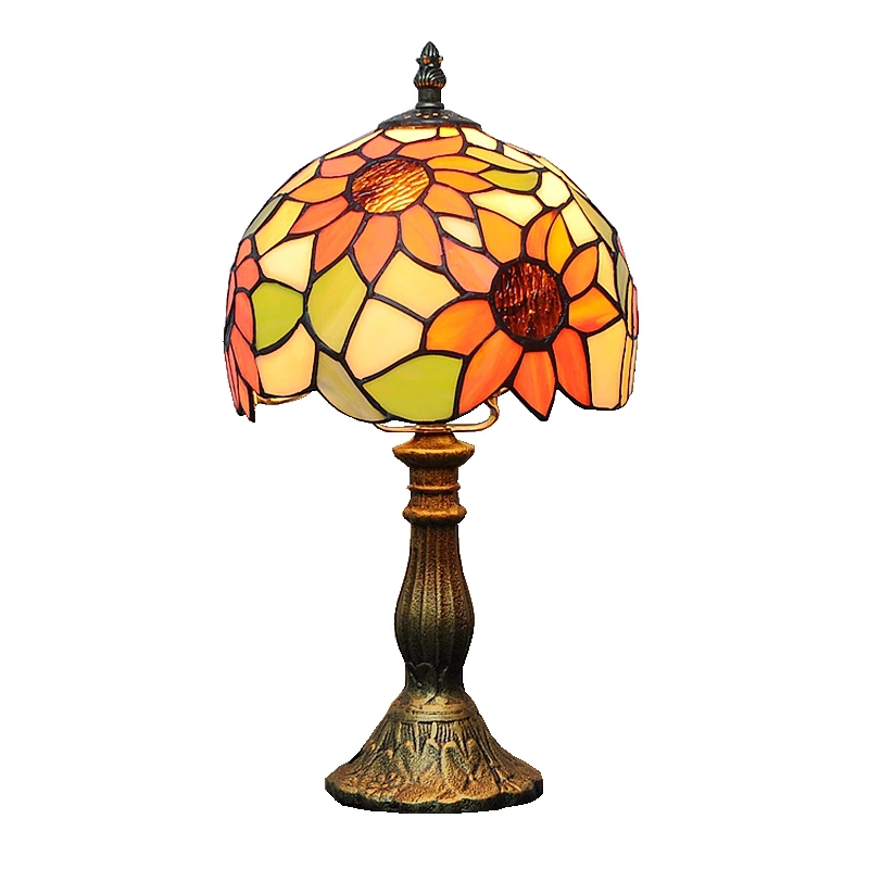 Imagem -06 - Lâmpada Tiffany Girassol Artesanal Vitral Sombra Acabamento de Bronze Metal Base da Lâmpada Tablelamp Quarto das Crianças Cor Quente